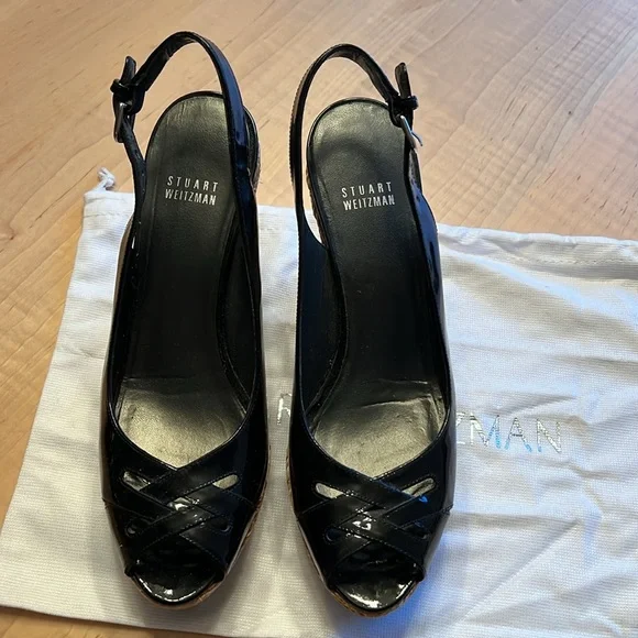 STUART WEITZMAN Wedge Sandals Black Patent Leather - Picture 2 of 9